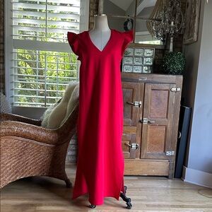 POMANDER PLACE FLUTTER CAP SLEEVE RED MAXI DRESS MEDIUM STRETCH
